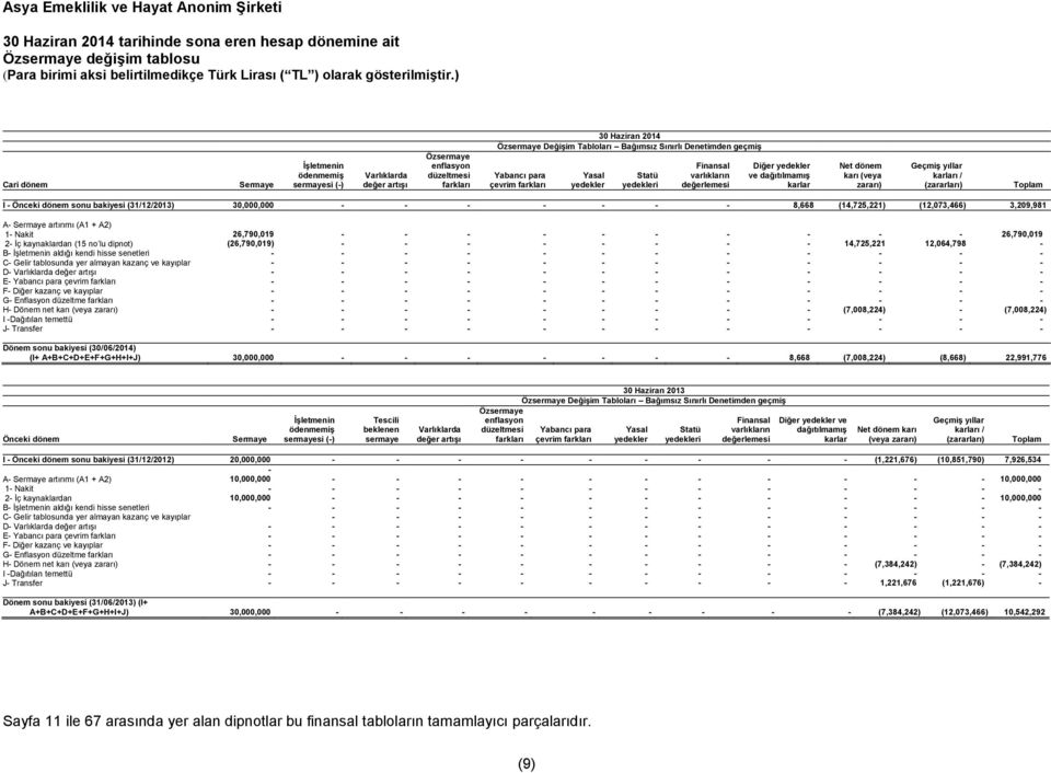 Yabancı para çevrim farkları Yasal yedekler Statü yedekleri Finansal varlıkların değerlemesi Diğer yedekler ve dağıtılmamış karlar Net dönem karı (veya zararı) Geçmiş yıllar karları / (zararları)