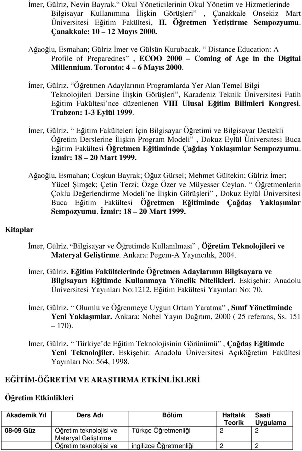 Distance Education: A Profile of Preparednes, ECOO 2000 Coming of Age in the Digital Millennium. Toronto: 4 6 Mayıs 2000. İmer, Gülriz.