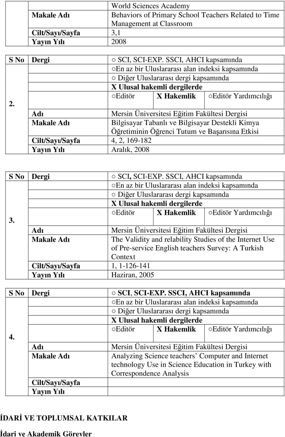 SSCI, AHCI kapsamında En az bir Uluslararası alan indeksi kapsamında Diğer Uluslararası dergi kapsamında X Ulusal hakemli dergilerde Editör X Hakemlik Editör Yardımcılığı Mersin Üniversitesi Eğitim