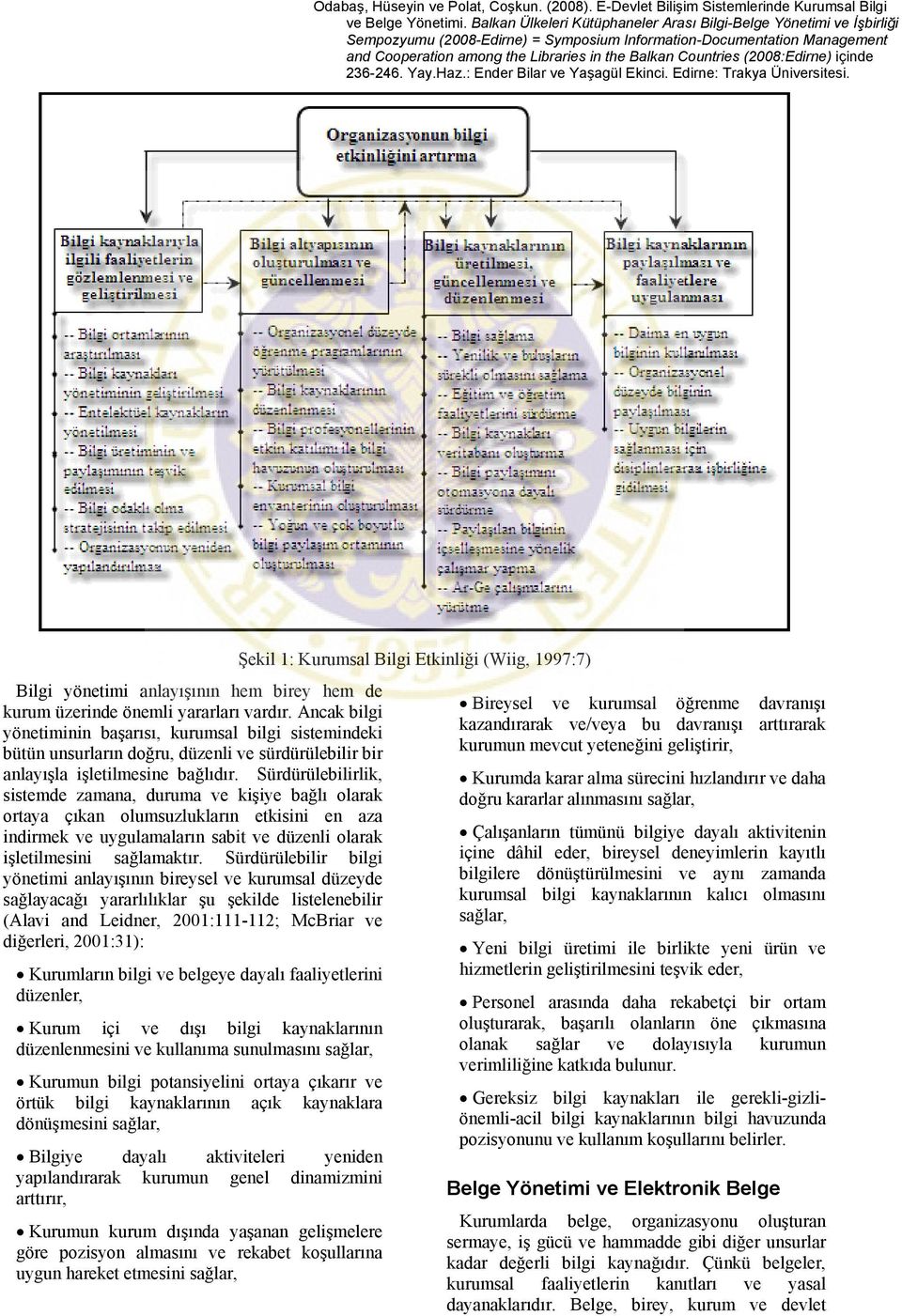 Countries (2008:Edirne) içinde 236-246. Yay.Haz.: Ender Bilar ve Yaşagül Ekinci. Edirne: Trakya Üniversitesi. Bilgi yönetimi anlayışının hem birey hem de kurum üzerinde önemli yararları vardır.