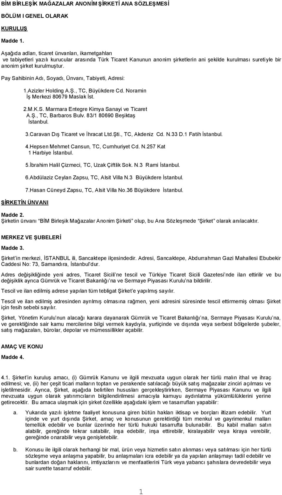 Pay Sahibinin Adı, Soyadı, Ünvanı, Tabiyeti, Adresi: 1.Azizler Holding A.Ş., TC, Büyükdere Cd. Noramin İş Merkezi 80679 Maslak İst. 2.M.K.S. Marmara Entegre Kimya Sanayi ve Ticaret A.Ş., TC, Barbaros Bulv.