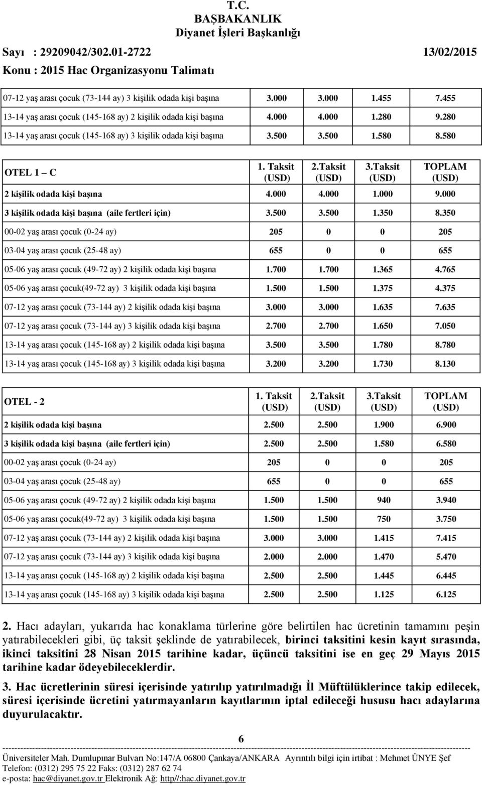 000 3 kişilik odada kişi başına (aile fertleri için) 3.500 3.500 1.350 8.