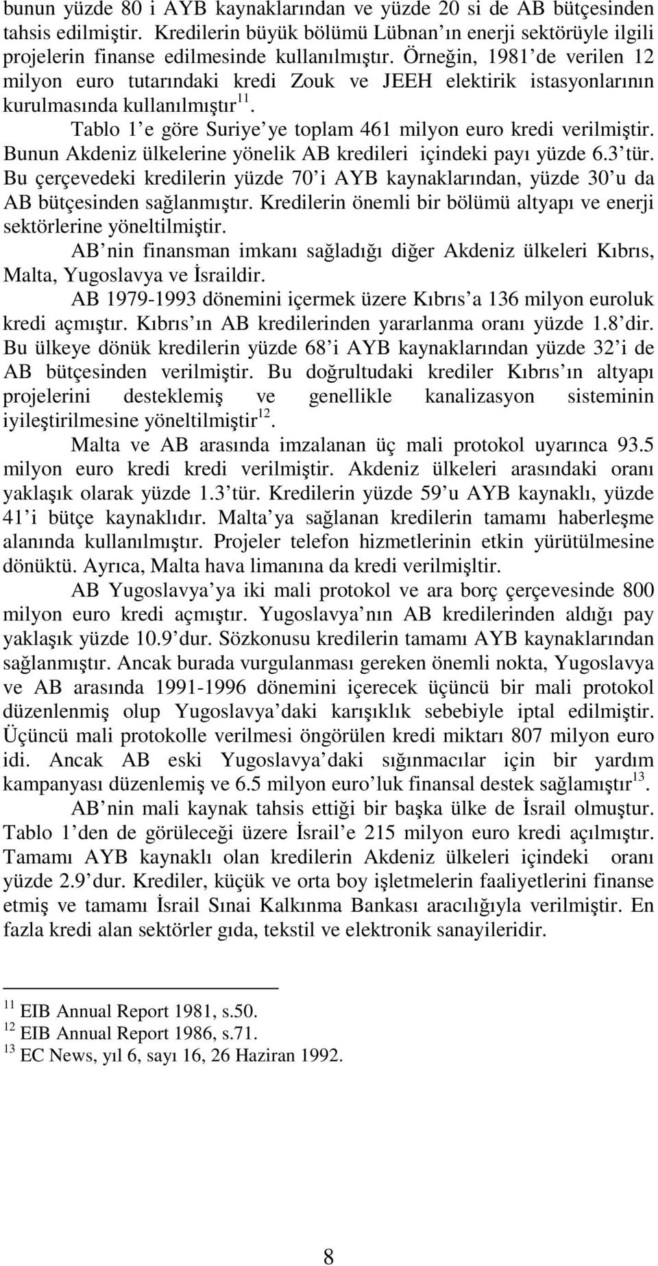 Bunun Akdeniz ülkelerine yönelik AB kredileri içindeki payı yüzde 6.3 tür. Bu çerçevedeki kredilerin yüzde 70 i AYB kaynaklarından, yüzde 30 u da AB bütçesinden sağlanmıştır.