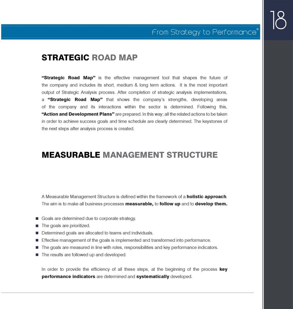 After completion of strategic analysis implementations, a Strategic Road Map that shows the company s strengths, developing areas of the company and its interactions within the sector is determined.