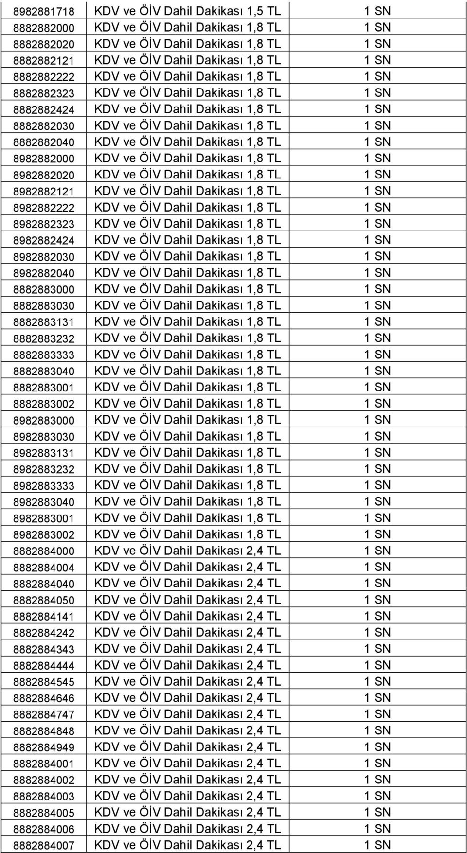 8882882040 KDV ve ÖİV Dahil Dakikası 1,8 TL 1 SN 8982882000 KDV ve ÖİV Dahil Dakikası 1,8 TL 1 SN 8982882020 KDV ve ÖİV Dahil Dakikası 1,8 TL 1 SN 8982882121 KDV ve ÖİV Dahil Dakikası 1,8 TL 1 SN