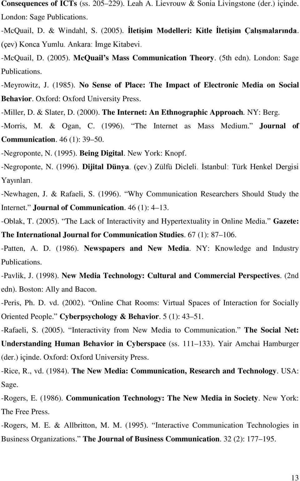 No Sense of Place: The Impact of Electronic Media on Social Behavior. Oxford: Oxford University Press. -Miller, D. & Slater, D. (2000). The Internet: An Ethnographic Approach. NY: Berg. -Morris, M.
