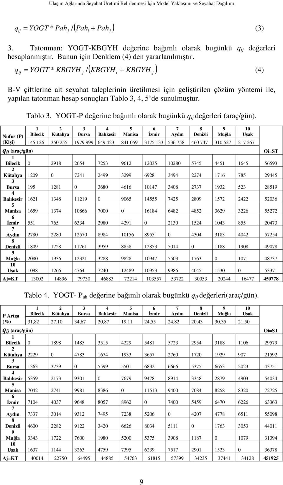 ( KBGYH KBGYH ) q = YOGT * KBGYH / + () i B-V çiftlerine ait seyahat taleplerinin üretilmesi için geliştirilen çözüm yöntemi ile, yapılan tatonman hesap sonuçları Tablo,