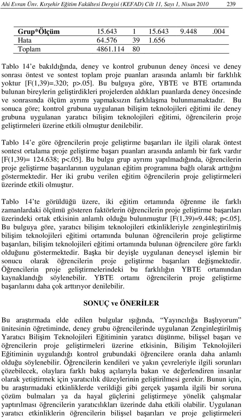 Bu bulguya göre, YBTE ve BTE ortamında bulunan bireylerin geliştirdikleri projelerden aldıkları puanlarda deney öncesinde ve sonrasında ölçüm ayrımı yapmaksızın farklılaşma bulunmamaktadır.