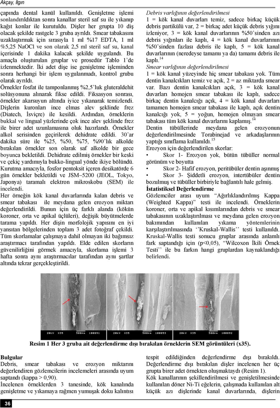 Smear tabakasını uzaklaştırmak için sırasıyla 1 ml %17 EDTA, 1 ml %5,25 NaOCl ve son olarak 2,5 ml steril saf su, kanal içerisinde 1 dakika kalacak şekilde uygulandı.