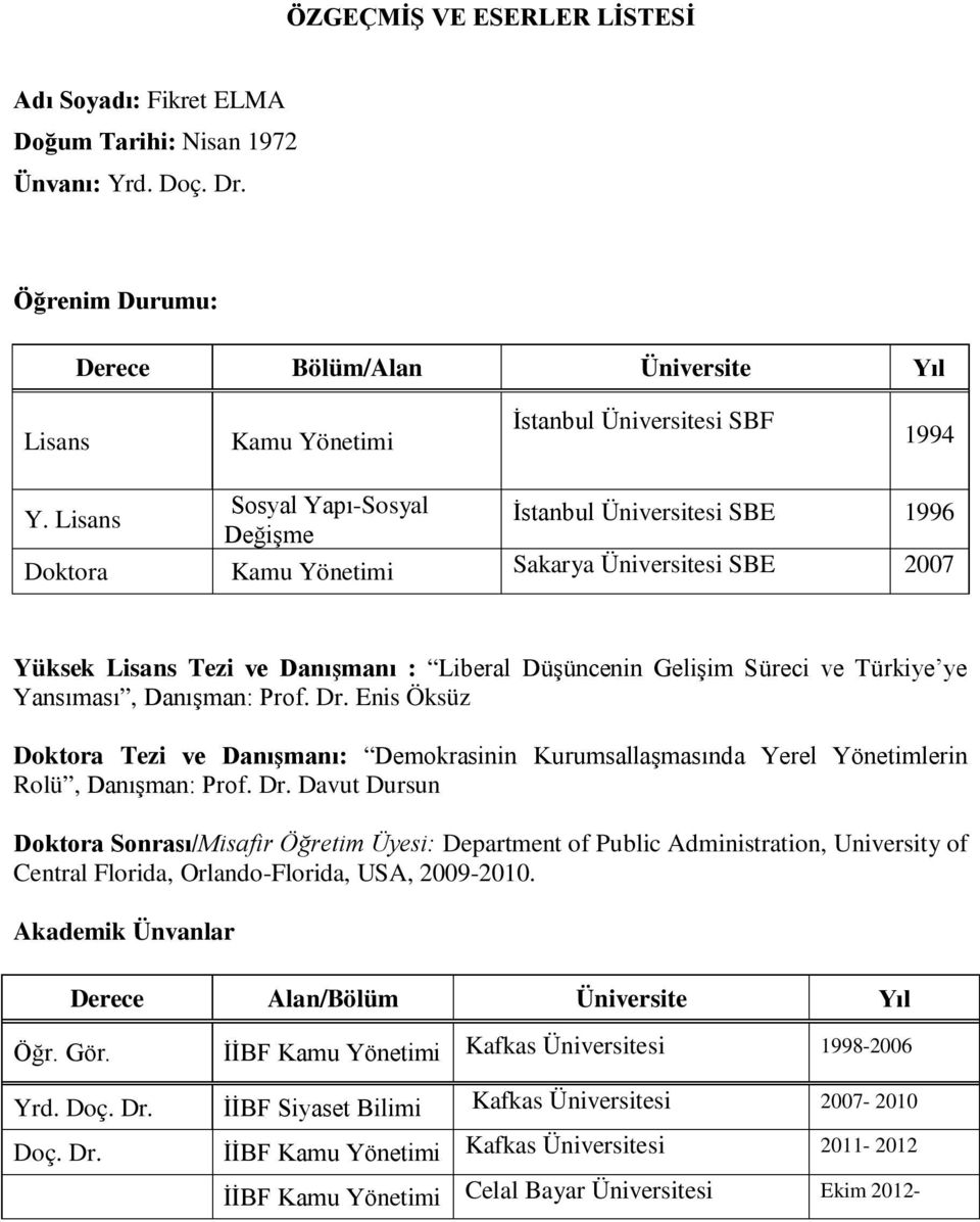 Lisans Sosyal Yapı-Sosyal Değişme İstanbul Üniversitesi SBE 1996 Doktora Kamu Yönetimi Sakarya Üniversitesi SBE 2007 Yüksek Lisans Tezi ve Danışmanı : Liberal Düşüncenin Gelişim Süreci ve Türkiye ye