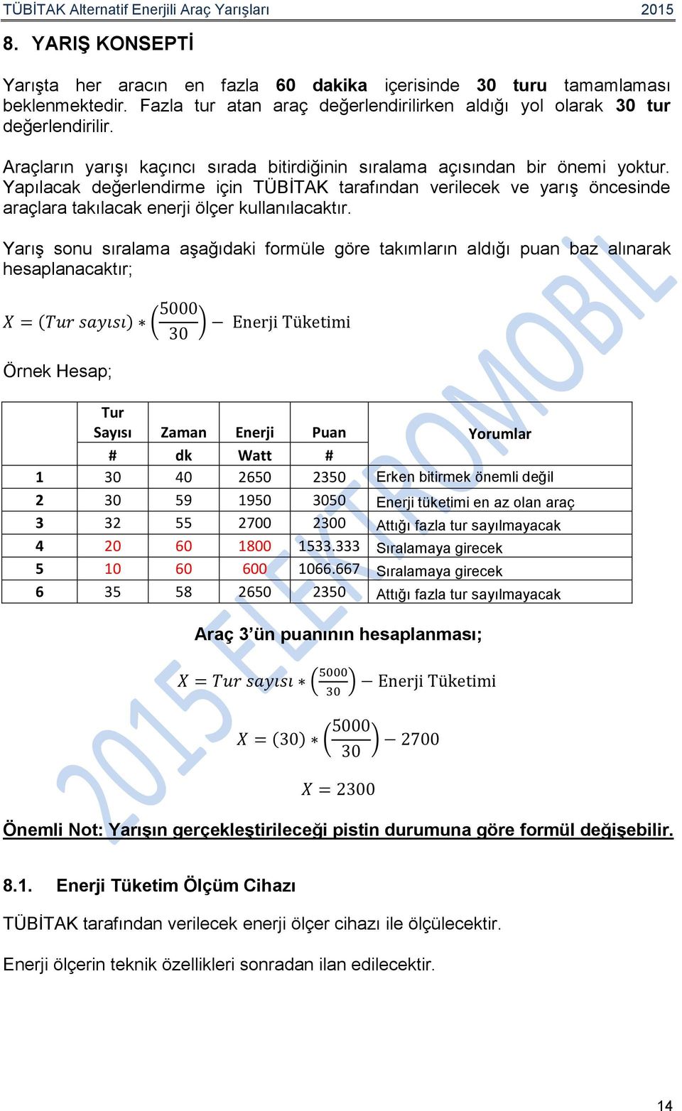 Yapılacak değerlendirme için TÜBİTAK tarafından verilecek ve yarış öncesinde araçlara takılacak enerji ölçer kullanılacaktır.