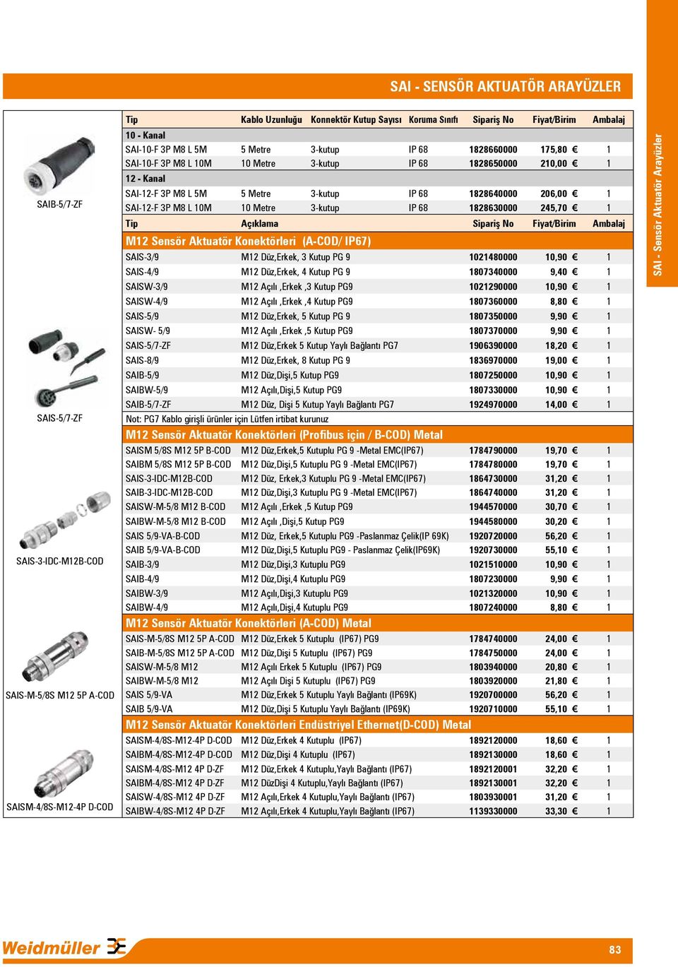 3P M8 L 10M 10 Metre 3-kutup IP 68 1828630000 245,70 1 Tip Açıklama Sipariş No Fiyat/Birim Ambalaj M12 Sensör Aktuatör Konektörleri (A-COD/ IP67) SAIS-3/9 M12 Düz,Erkek, 3 Kutup PG 9 1021480000 10,90