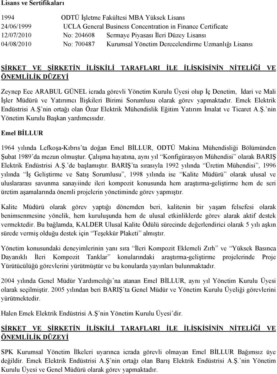 Birimi Sorumlusu olarak görev yapmaktadır. Emek Elektrik Endüstrisi A.Ş nin ortağı olan Özar Elektrik Mühendislik Eğitim Yatırım İmalat ve Ticaret A.Ş. nin Yönetim Kurulu Başkan yardımcısıdır.