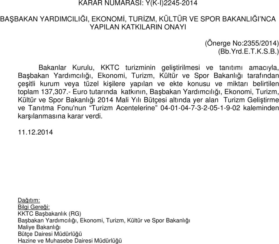 ve tanıtımı amacıyla, Başbakan Yardımcılığı, Ekonomi, Turizm, Kültür ve Spor Bakanlığı tarafından çeşitli kurum veya tüzel kişilere yapılan ve ekte konusu ve miktarı belirtilen