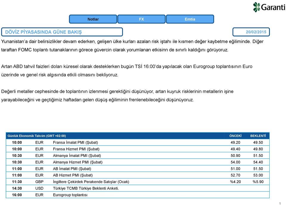 Artan ABD tahvil faizleri doları küresel olarak desteklerken bugün TSİ 16:00 da yapılacak olan Eurogroup toplantısının Euro üzerinde ve genel risk algısında etkili olmasını bekliyoruz.