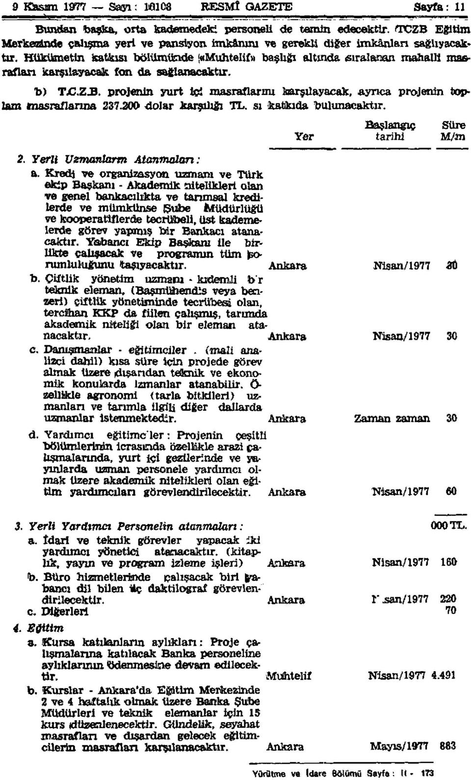 Hükümetin katkısı bölümünde {«Muhtelif» başlığı altında sıralanan mahalli masrafları karşılayacak fon da sağlanacaktır. b) T.C.Z.