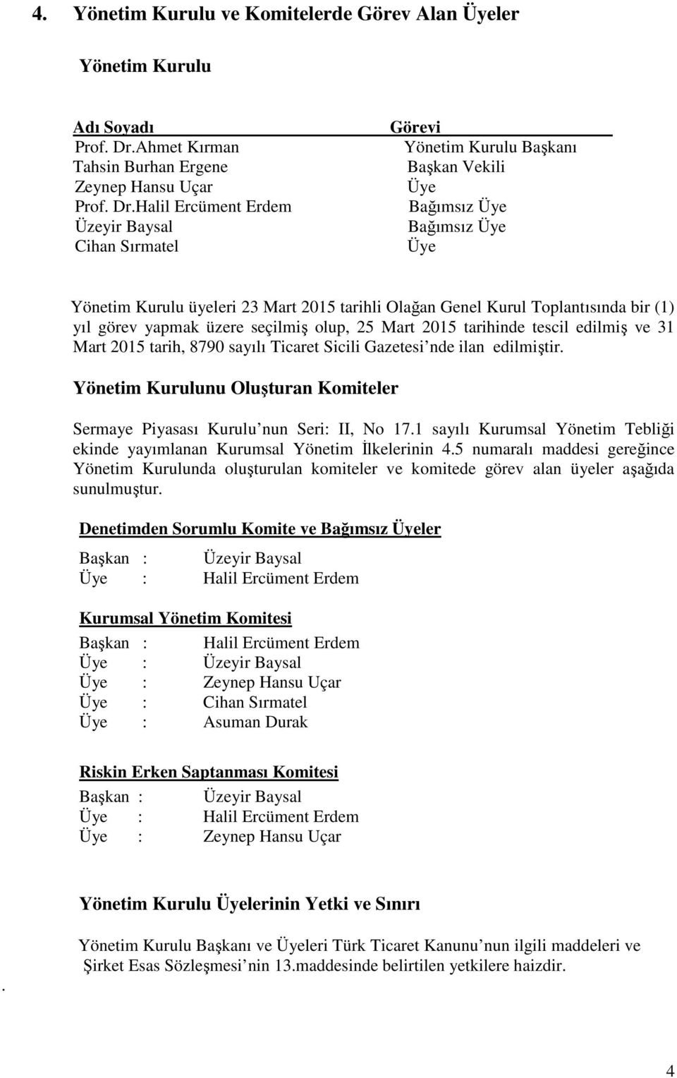 Halil Ercüment Erdem Üzeyir Baysal Cihan Sırmatel Görevi Yönetim Kurulu Başkanı Başkan Vekili Üye Bağımsız Üye Bağımsız Üye Üye Yönetim Kurulu üyeleri 23 Mart 2015 tarihli Olağan Genel Kurul