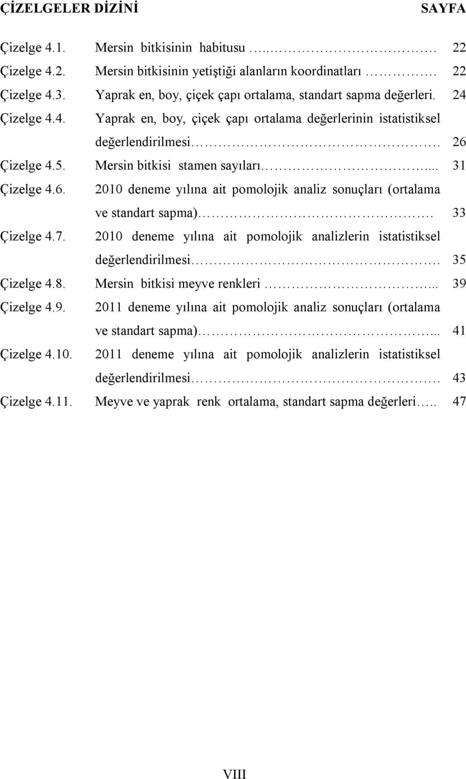 Mersin bitkisi stamen sayıları... 31 Çizelge 4.6. 2010 deneme yılına ait pomolojik analiz sonuçları (ortalama ve standart sapma). 33 Çizelge 4.7.