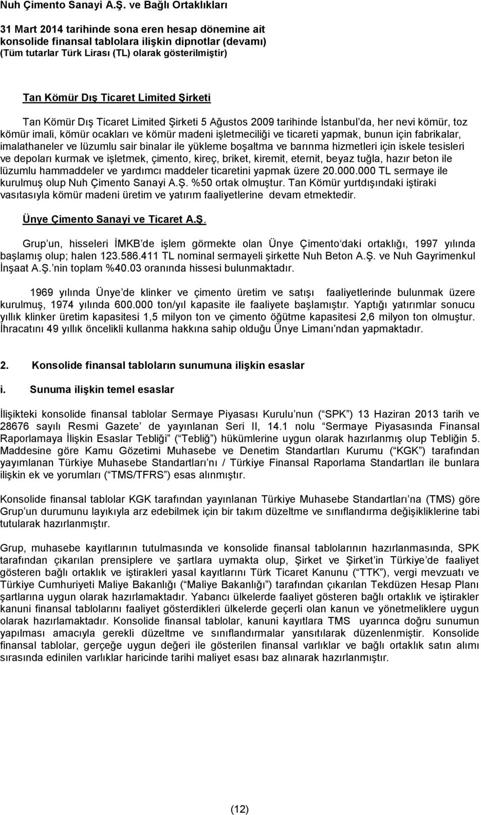 kiremit, eternit, beyaz tuğla, hazır beton ile lüzumlu hammaddeler ve yardımcı maddeler ticaretini yapmak üzere 20.000.000 TL sermaye ile kurulmuş olup Nuh Çimento Sanayi A.Ş. %50 ortak olmuştur.