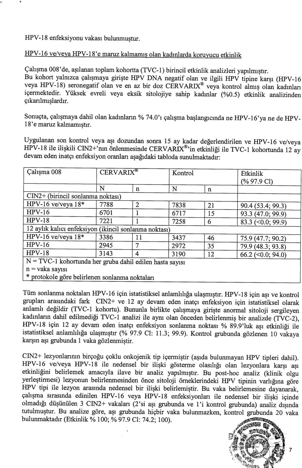 Bu kohort yalnızca çalışmaya girişte HPV DNA negatif olan ve ilgili HPV tipine karşı (HPV- 6 veya HPV-8) seronegatif olan ve en az bir doz CERVARD( veya kontrol almış olan kadınları içermektedir.