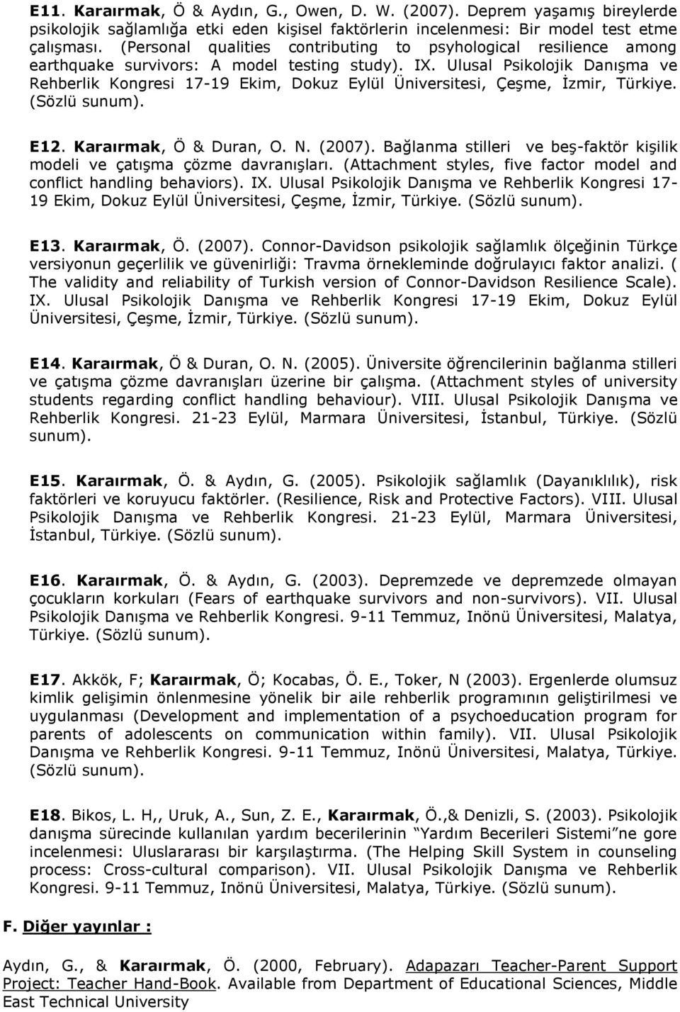 Ulusal Psikolojik Danışma ve Rehbelik Kongesi 17-19 Ekim, Dokuz Eylül Ünivesitesi, Çeşme, İzmi, Tükiye. E12. Kaaımak, Ö & Duan, O. N. (2007).