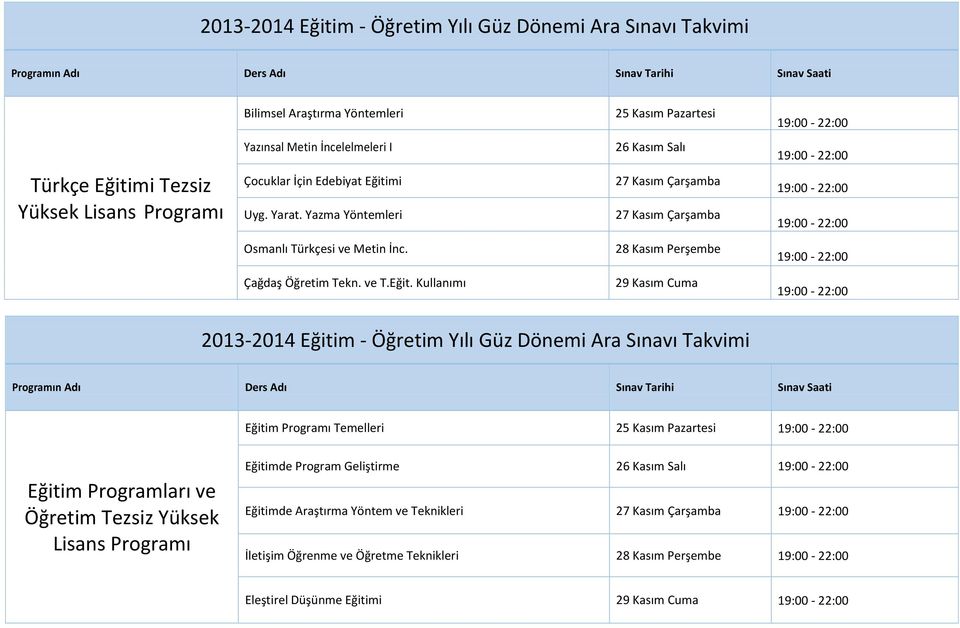 mi Uyg. Yarat. Yazma Yöntemleri 27 Kasım Çarşamba 27 Kasım Çarşamba Osmanlı Türkçesi ve Metin İnc. 28 Kasım Perşembe Çağdaş Öğretim Tekn. ve T.Eğit.