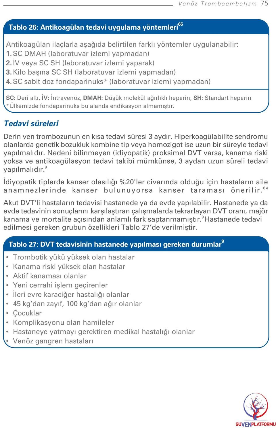 SC sabit doz fondaparinuks* (laboratuvar izlemi yapmadan) SC: Deri alt, V: ntravenöz, DMAH: Düflük molekül a rl kl heparin, SH: Standart heparin *Ülkemizde fondaparinuks bu alanda endikasyon almam