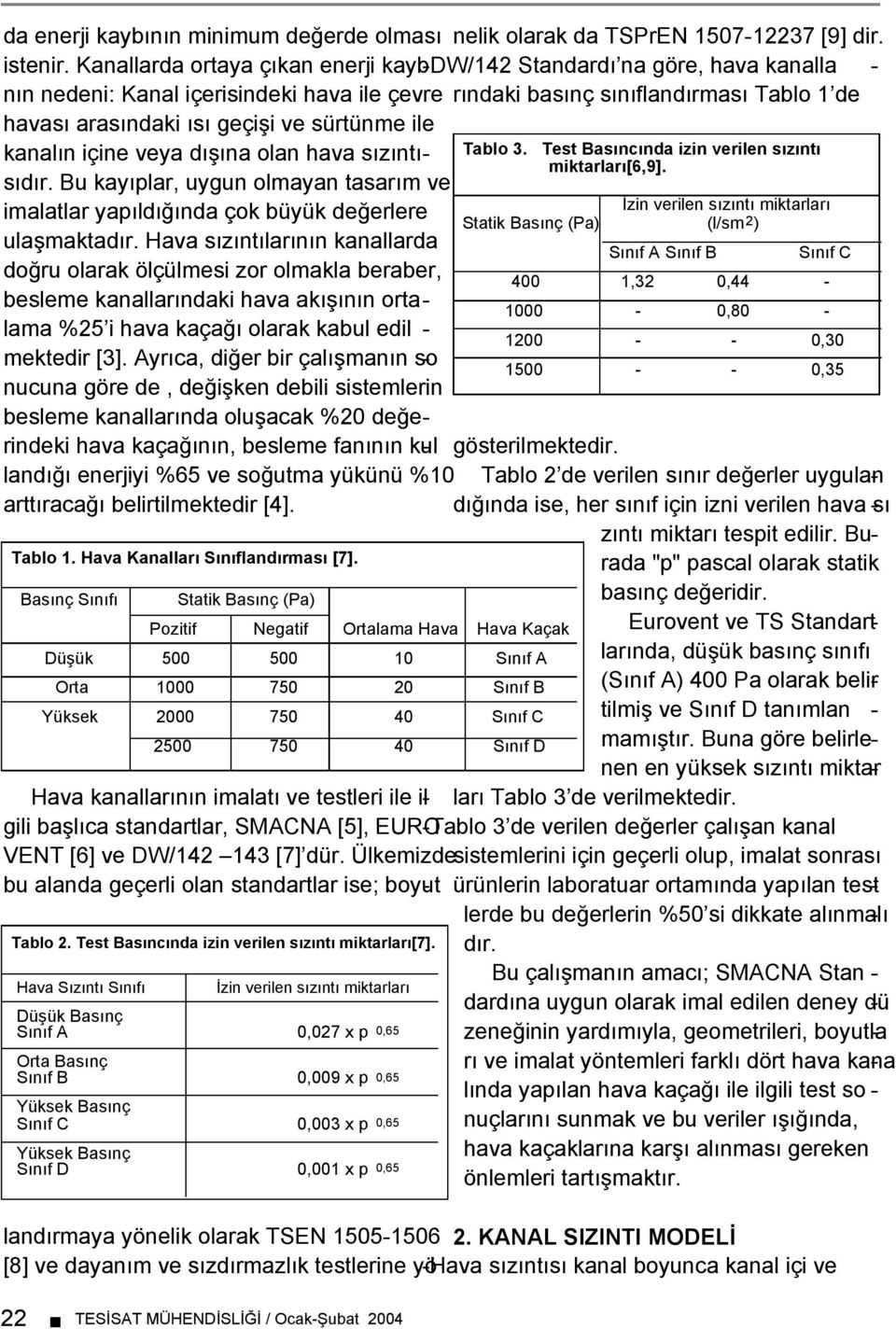 sürtünme ile kanalın içine veya dışına olan hava sızıntısıdır. Bu kayıplar, uygun olmayan tasarım ve Tablo 3. Test Basıncında izin verilen sızıntı miktarları[6,9].