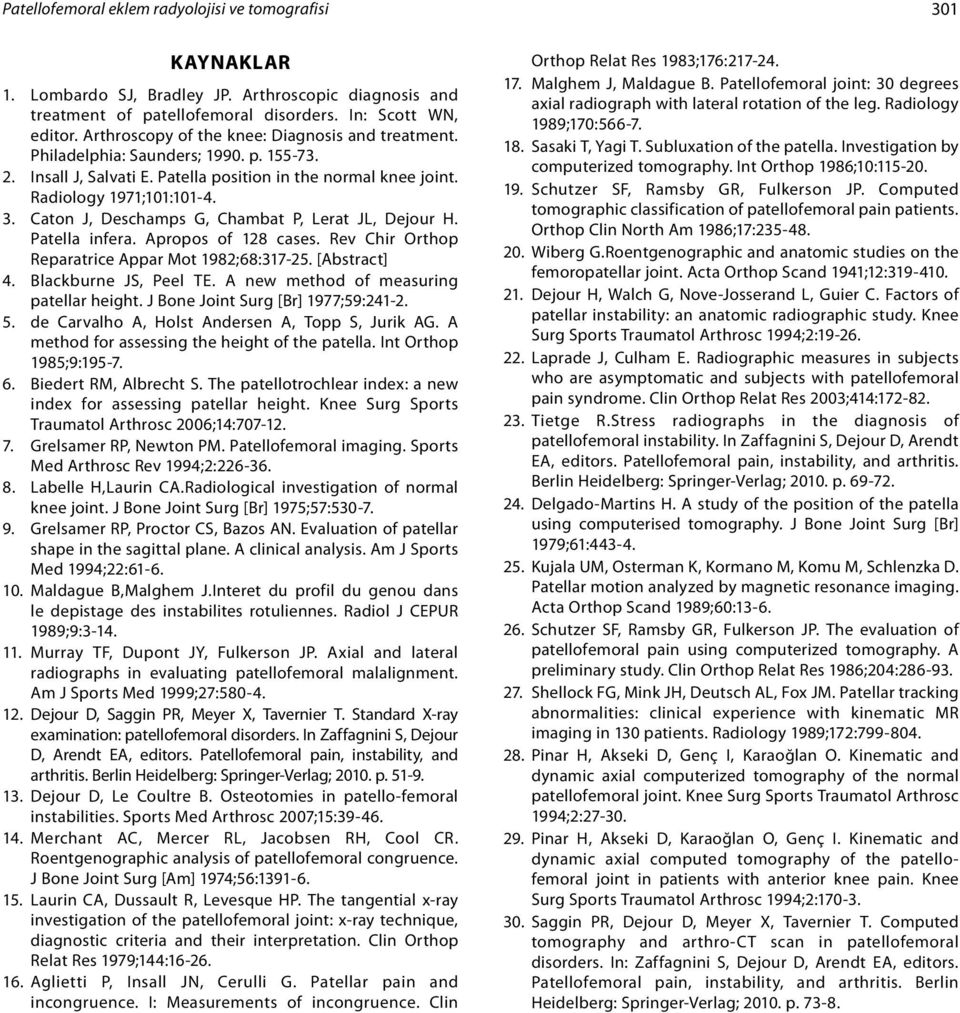 Caton J, Deschamps G, Chambat P, Lerat JL, Dejour H. Patella infera. Apropos of 128 cases. Rev Chir Orthop Reparatrice Appar Mot 1982;68:317-25. [Abstract] 4. Blackburne JS, Peel TE.