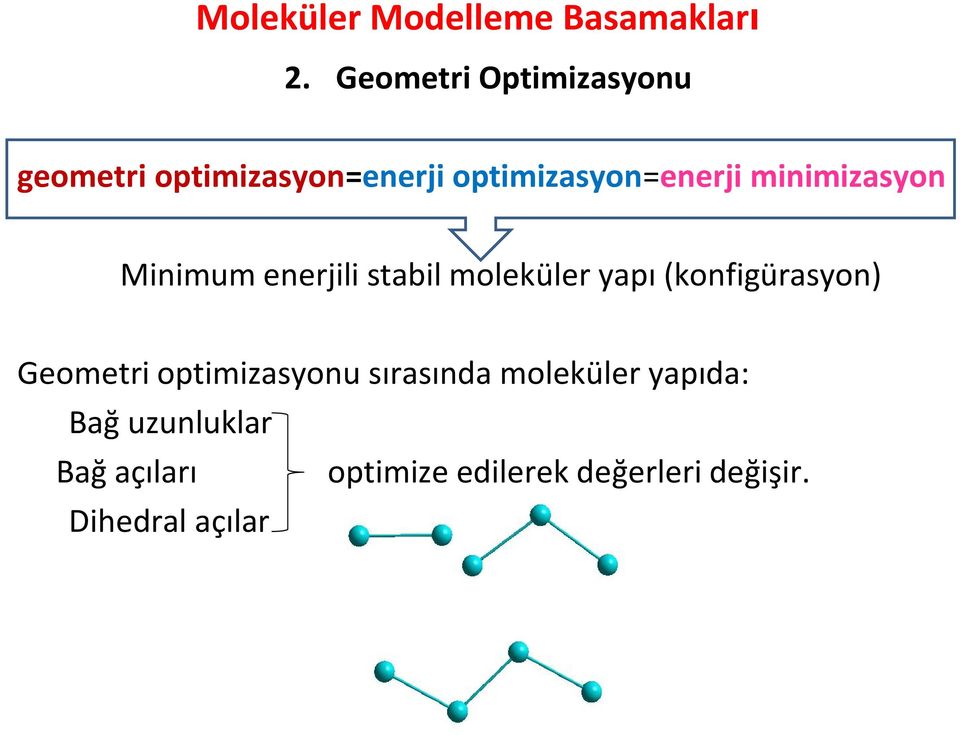 minimizasyon Minimum enerjili stabil moleküler yapı (konfigürasyon) Geometri
