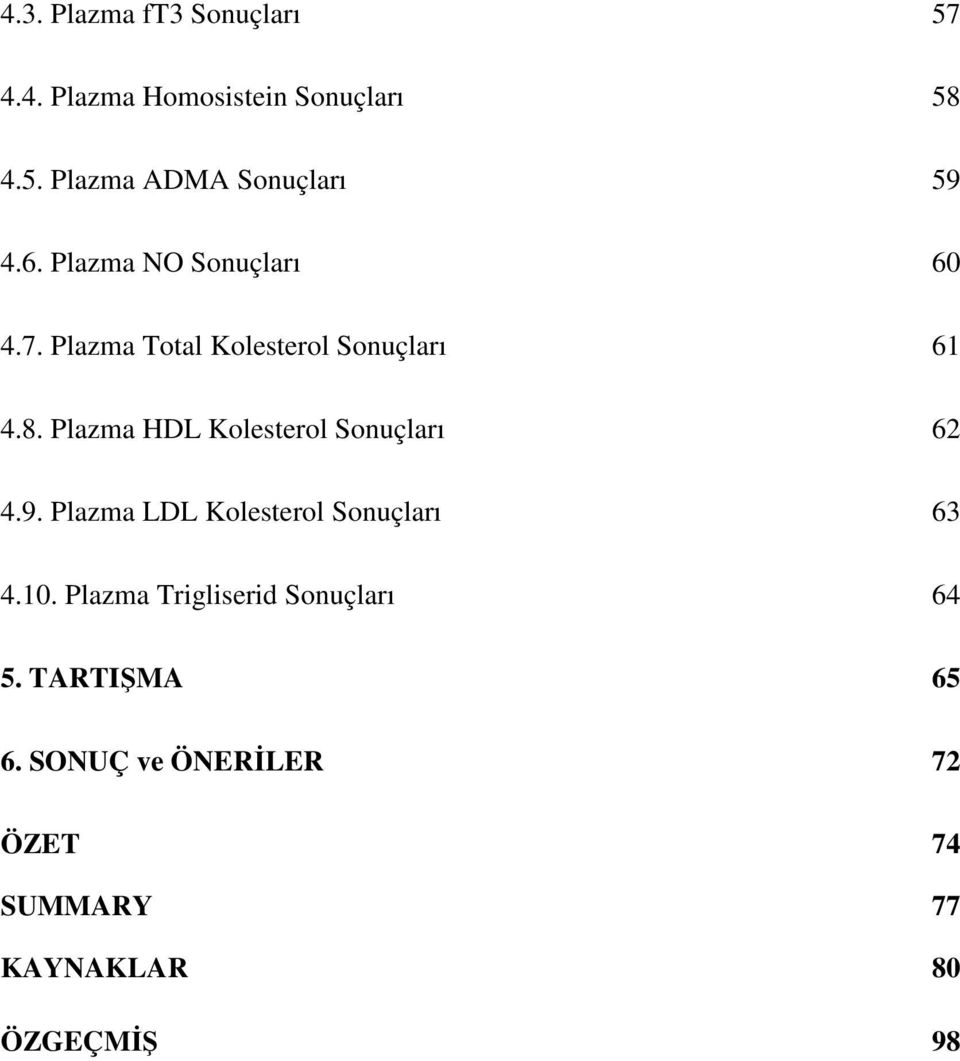 Plazma HDL Kolesterol Sonuçları 62 4.9. Plazma LDL Kolesterol Sonuçları 63 4.10.