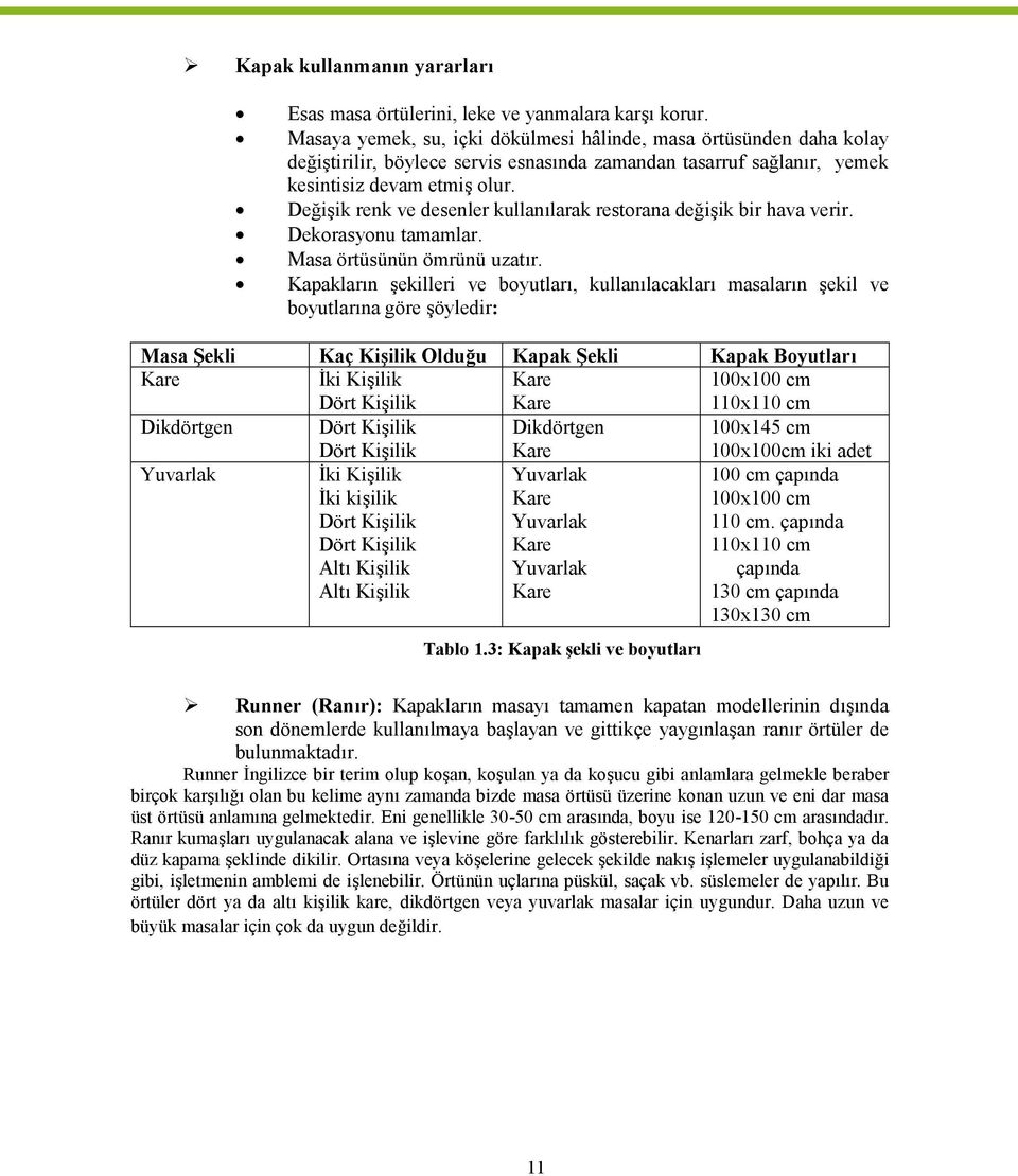 Değişik renk ve desenler kullanılarak restorana değişik bir hava verir. Dekorasyonu tamamlar. Masa örtüsünün ömrünü uzatır.