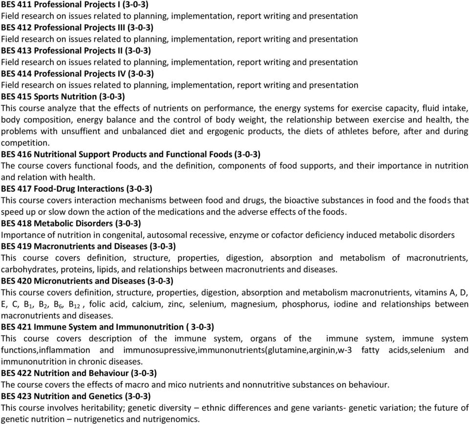 presentation BES 414 Professional Projects IV (3-0-3) Field research on issues related to planning, implementation, report writing and presentation BES 415 Sports Nutrition (3-0-3) This course