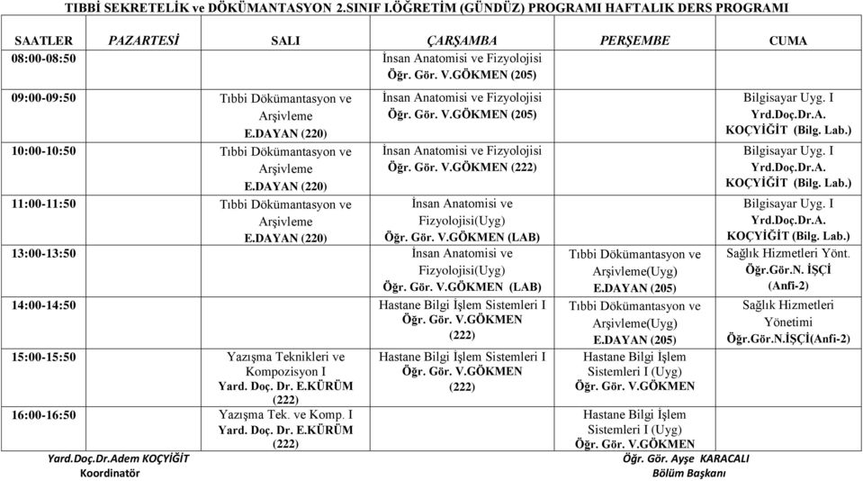 DAYAN 11:00-11:50 Tıbbi Dökümantasyon ve İnsan Anatomisi ve Arşivleme Fizyolojisi(Uyg) E.