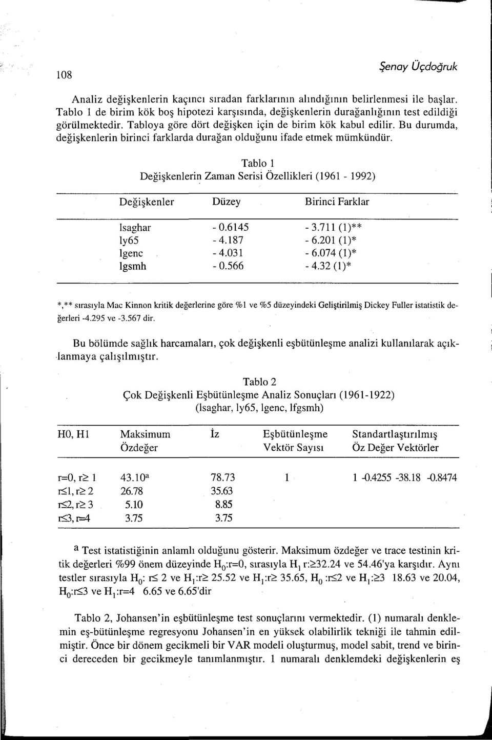 Bu durumda, değişkenierin birinci farklarda durağan olduğunu ifade etmek mümkündür. Tablo ı Değişkenierin Zaman Serisi Özellikleri (196ı - 1992) Değişkenler Düzey Birinci Farklar lsaghar - 0.6145-3.