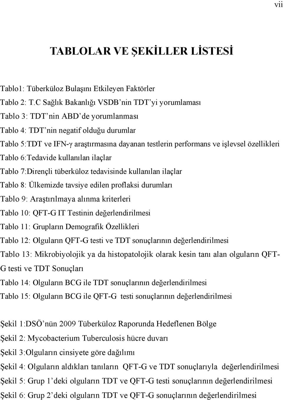 işlevsel özellikleri Tablo 6:Tedavide kullanılan ilaçlar Tablo 7:Dirençli tüberküloz tedavisinde kullanılan ilaçlar Tablo 8: Ülkemizde tavsiye edilen proflaksi durumları Tablo 9: Araştırılmaya alınma