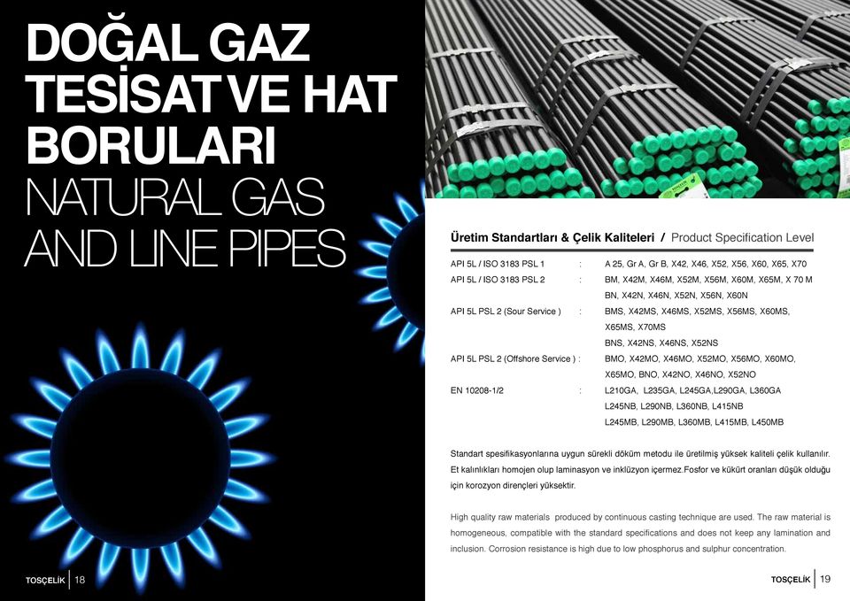 BNS, X42NS, X46NS, X52NS API 5L PSL 2 (Offshore Service ) : BMO, X42MO, X46MO, X52MO, X56MO, X60MO, X65MO, BNO, X42NO, X46NO, X52NO EN 10208-1/2 : L210GA, L235GA, L245GA,L290GA, L360GA L245NB,