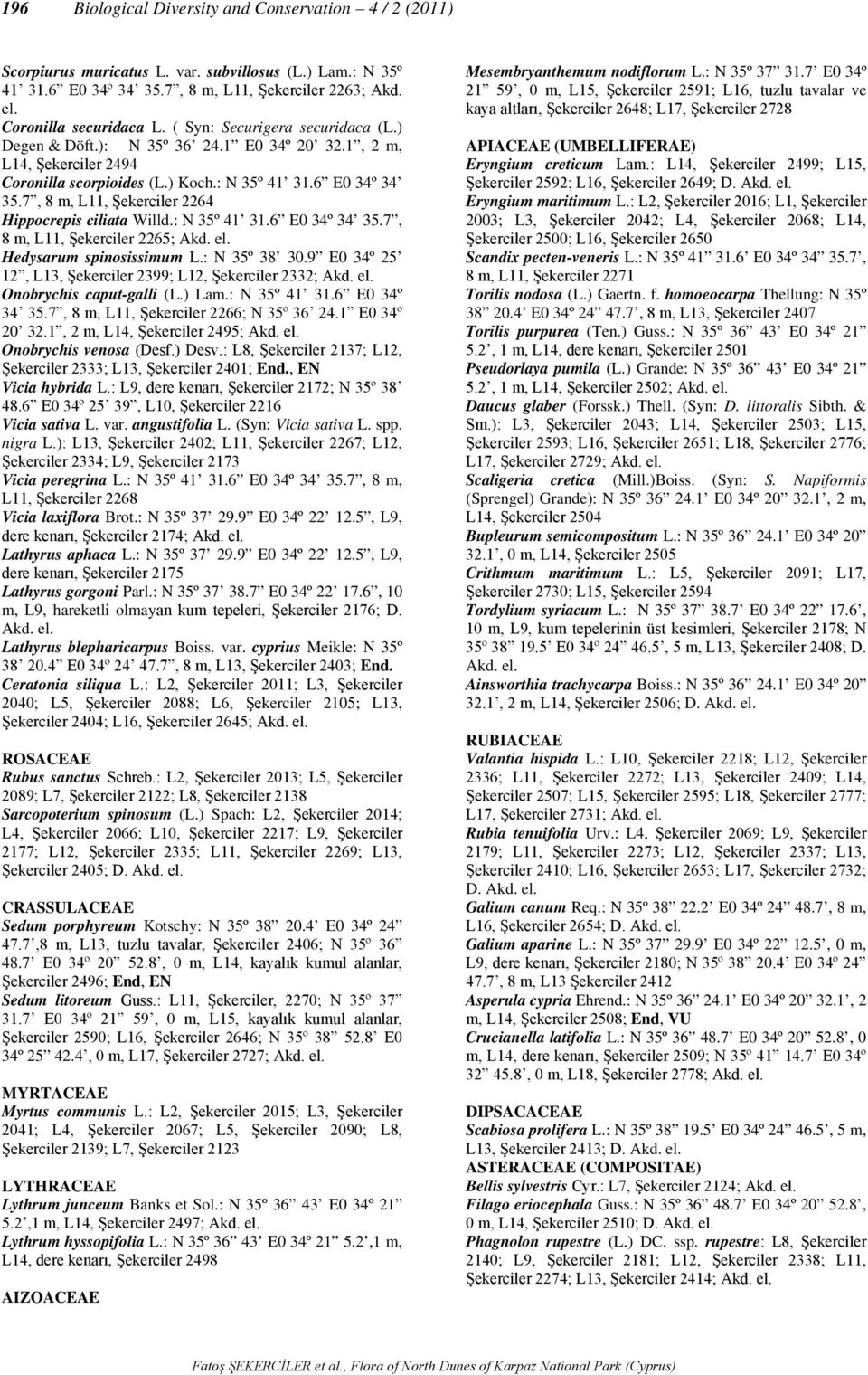 7, 8 m, L11, Şekerciler 2264 Hippocrepis ciliata Willd.: N 35º 41 31.6 E0 34º 34 35.7, 8 m, L11, Şekerciler 2265; Hedysarum spinosissimum L.: N 35º 38 30.