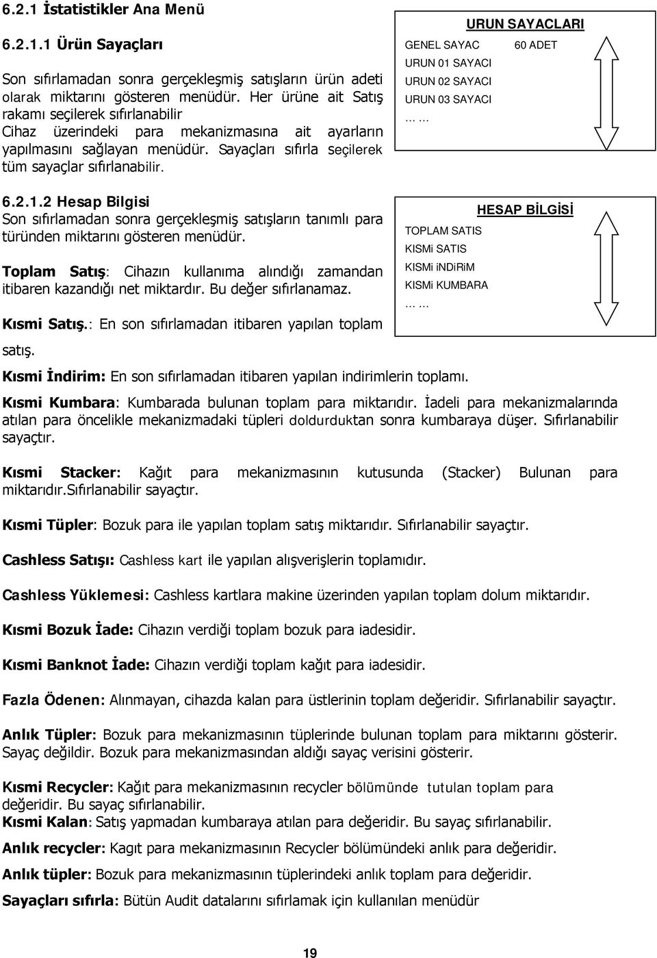 URUN SAYACLARI GENEL SAYAC 60 ADET URUN 01 SAYACI URUN 02 SAYACI URUN 03 SAYACI 6.2.1.2 Hesap Bilgisi Son sıfırlamadan sonra gerçekleşmiş satışların tanımlı para türünden miktarını gösteren menüdür.