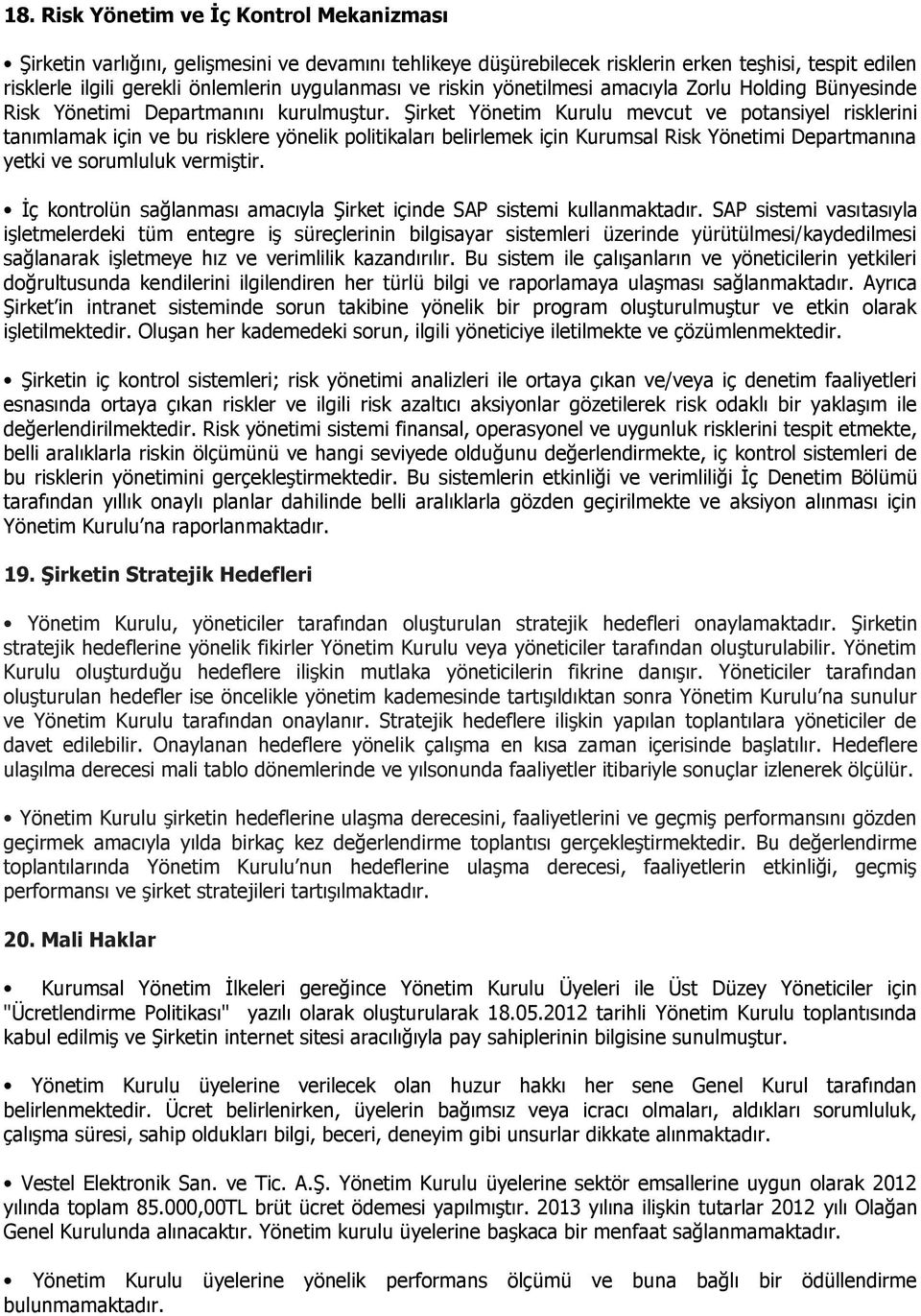 Şirket Yönetim Kurulu mevcut ve potansiyel risklerini tanımlamak için ve bu risklere yönelik politikaları belirlemek için Kurumsal Risk Yönetimi Departmanına yetki ve sorumluluk vermiştir.