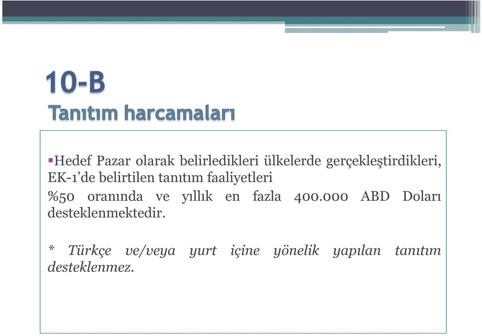 faaliyetleri %50 oranında ve yıllık en fazla 400.