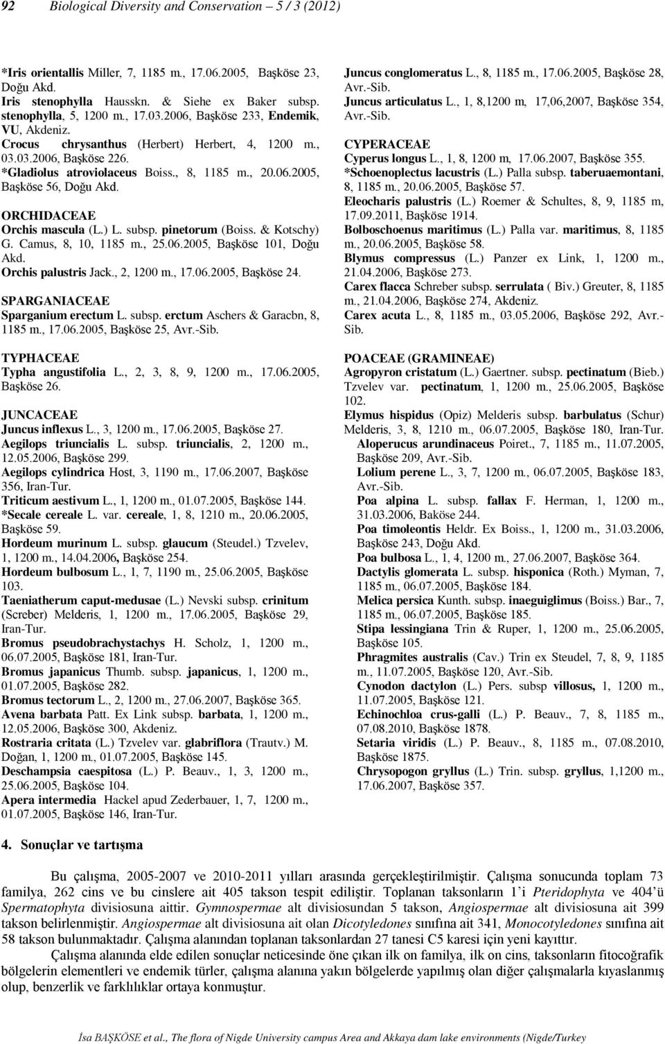 ORCHIDACEAE Orchis mascula (L.) L. subsp. pinetorum (Boiss. & Kotschy) G. Camus, 8, 10, 1185 m., 25.06.2005, Başköse 101, Doğu Akd. Orchis palustris Jack., 2, 1200 m., 17.06.2005, Başköse 24.
