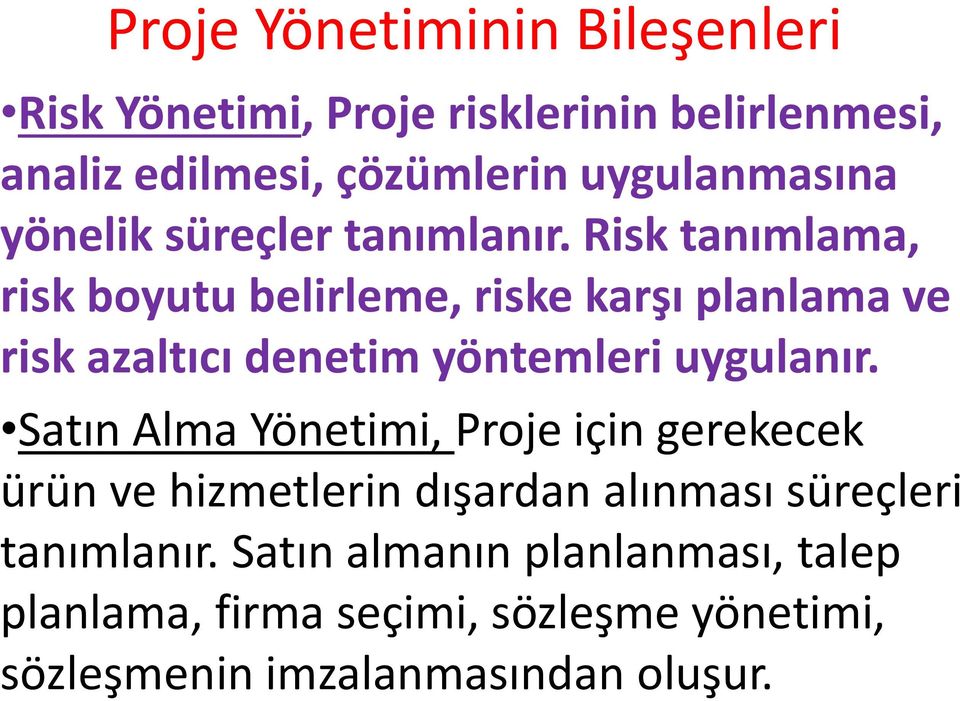 Risk tanımlama, risk boyutu belirleme, riske karşı planlama ve risk azaltıcı denetim yöntemleri uygulanır.