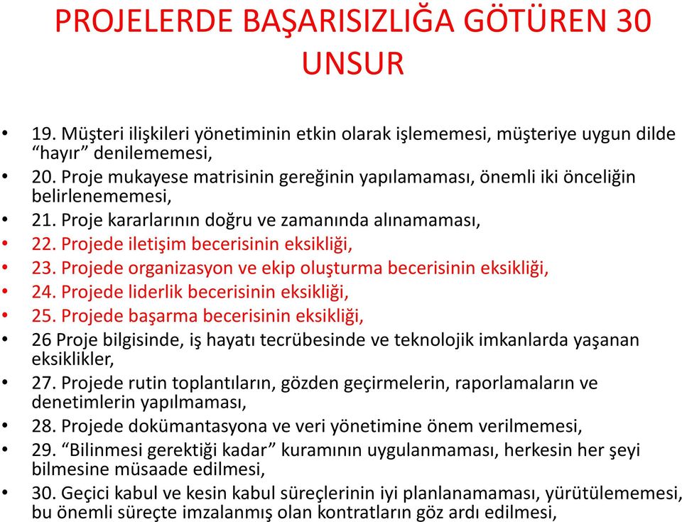 Projede organizasyon ve ekip oluşturma becerisinin eksikliği, 24. Projede liderlik becerisinin eksikliği, 25.