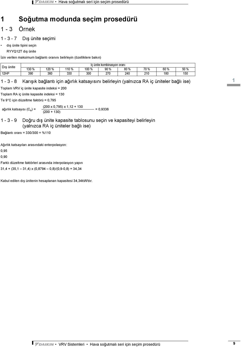 kapasite indeksi = 200 Toplam RA iç ünite kapasite indeksi = 0 Te 9 C için düzeltme faktörü = 0,795 ağırlık katsayısı (C e ) = (200 x 0,795) x,2 + 0 (200 + 0) = 0,96 - - 9 Doğru dış ünite kapasite