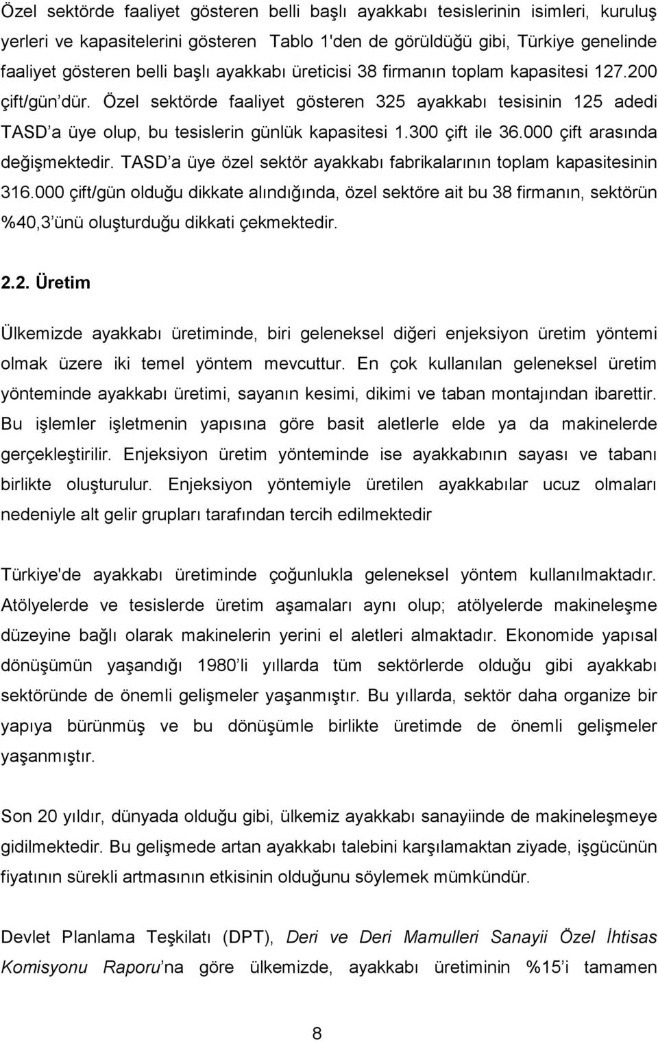 300 çift ile 36.000 çift arasında değişmektedir. TASD a üye özel sektör ayakkabı fabrikalarının toplam kapasitesinin 316.