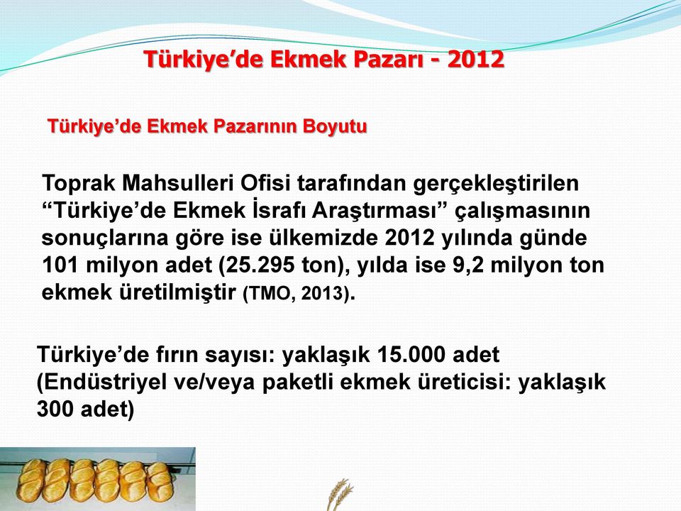 yılında günde 101 milyon adet (25.295 ton), yılda ise 9,2 milyon ton ekmek üretilmiştir (TMO, 2013).