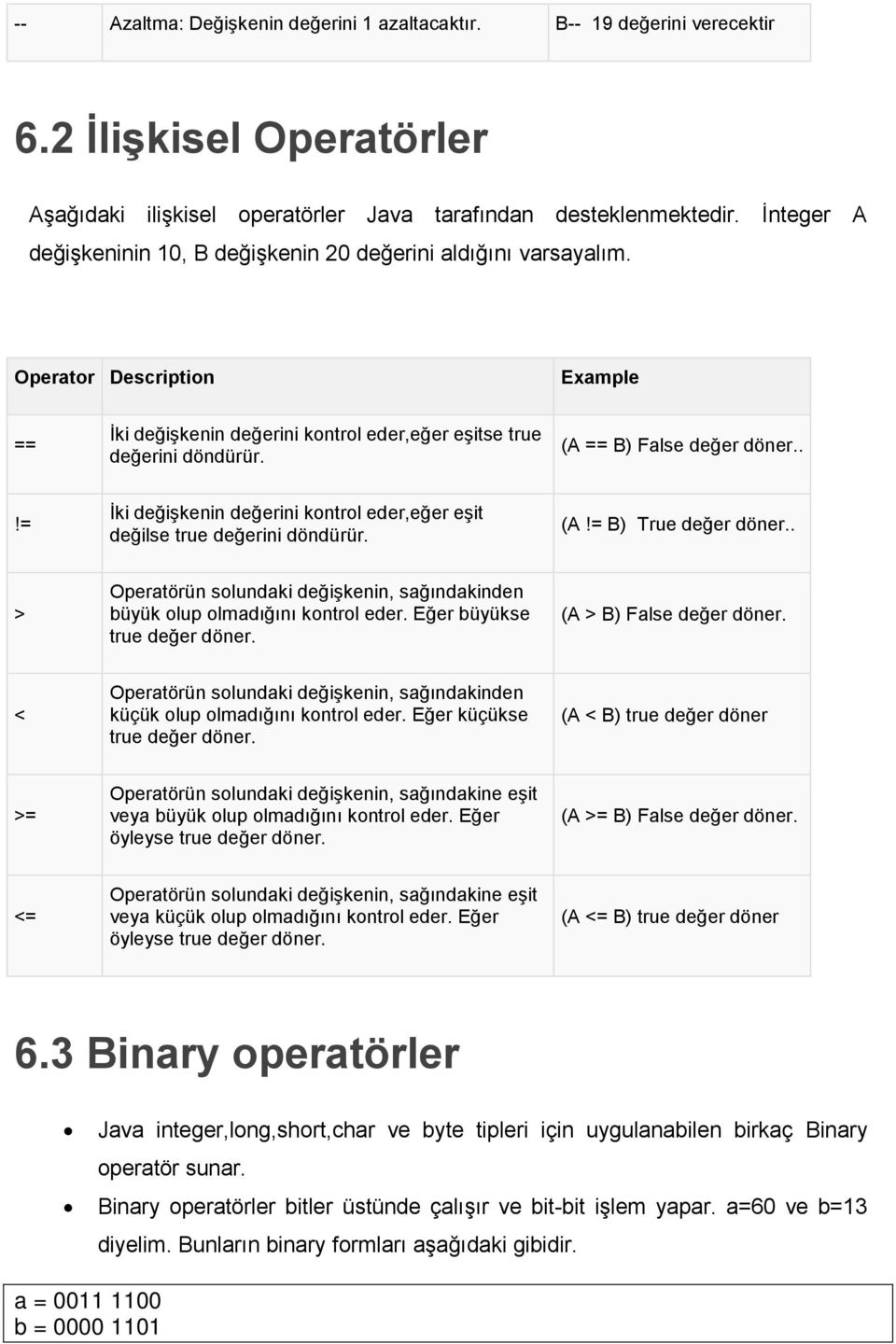 (A == B) False değer döner..!= İki değişkenin değerini kontrol eder,eğer eşit değilse true değerini döndürür. (A!= B) True değer döner.