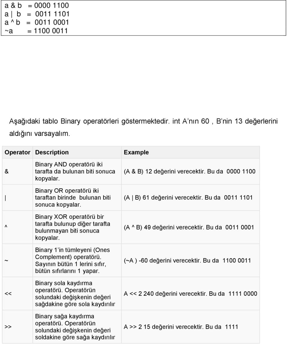 Binary XOR operatörü bir tarafta bulunup diğer tarafta bulunmayan biti sonuca kopyalar. Binary 1 in tümleyeni (Ones Complement) operatörü. Sayının bütün 1 lerini sıfır, bütün sıfırlarını 1 yapar.