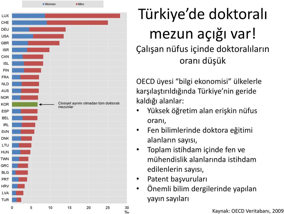 Çalışan nüfus içinde doktoralıların oranı düşük OECD üyesi bilgi ekonomisi ülkelerle karşılaştırıldığında Türkiye nin geride kaldığı alanlar: Yüksek öğretim